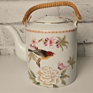 Vintage Japanese Porcelain Teapot Bird Floral Bamboo Handle Japan